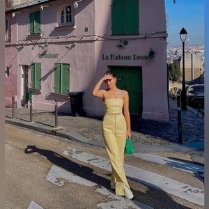 Yellow Co Ord Faux Leather Seam Front Split Hem Tailored Pants